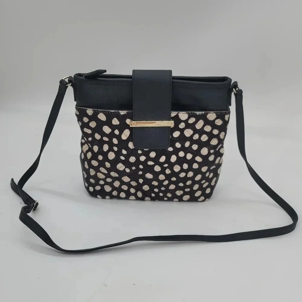 Talbots Women's Black Leather Calf Hair Gold Purse Bag/Crossbody Dot